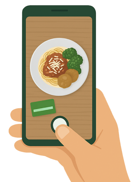 Hand taking a top-down photo of a plated meal with a phone