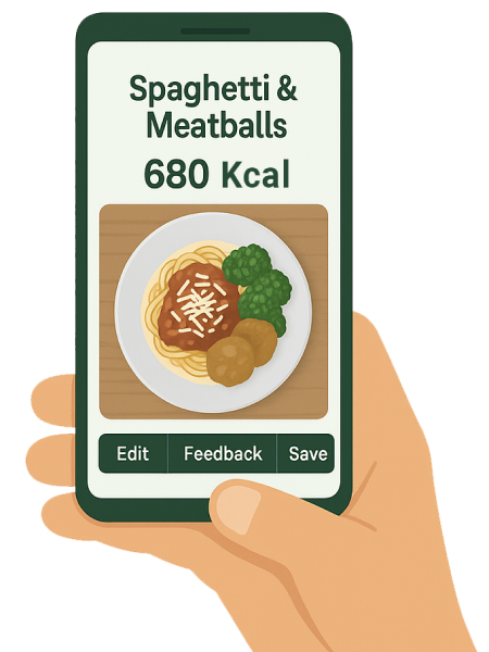 UKcal app showing an AI-generated calorie result for Spaghetti & Meatballs